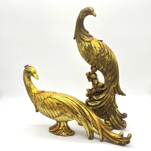 Vintage Syroco Gold Peacock Figurines Pair Hollywood Regency Bird Statues MCM - Picture 2 of 9